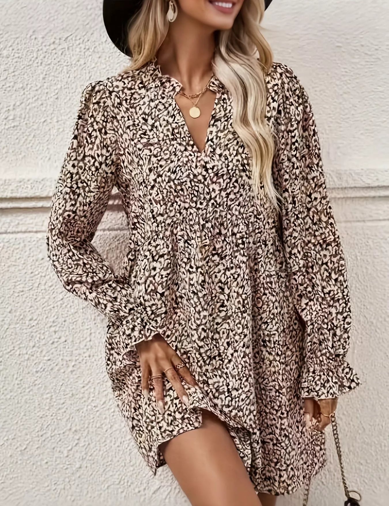 Camel Notched Flounce Sleeve Mini Dress | Mini Dresses Daverri Fashions
