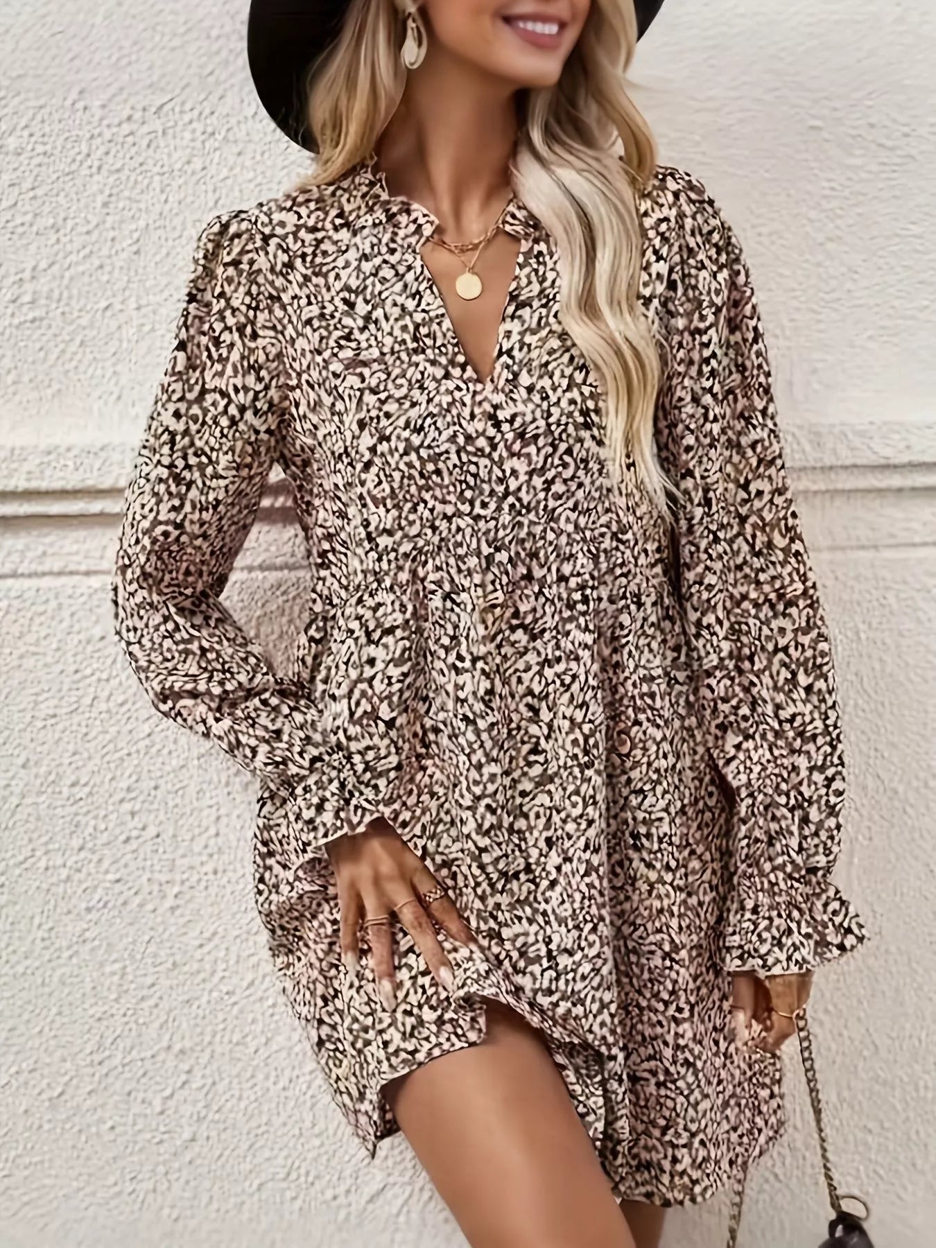 Camel Notched Flounce Sleeve Mini Dress | Mini Dresses Daverri Fashions