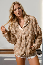 Camel Double Take Checkered Long Sleeve Fuzzy Jacket | Jackets Daverri Fashions