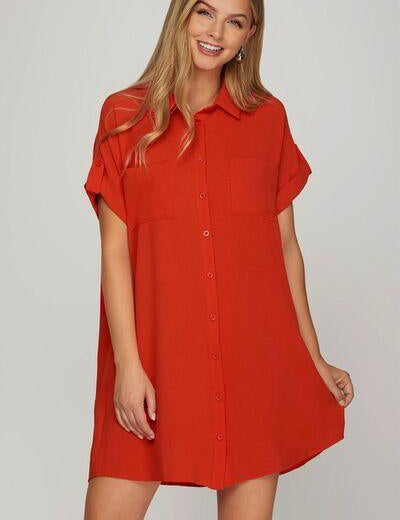 Deep Red S She + Sky Full Size Button Down Short Sleeve Woven Shirt Dress Plus Size | Daverri Fashions
