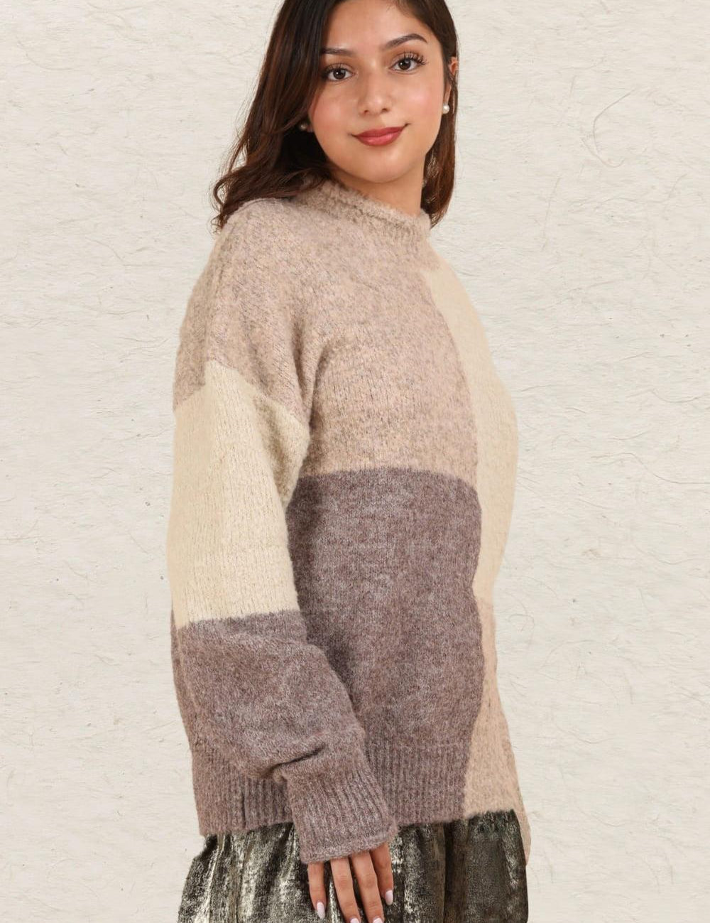 VERY J Color Block Mock Neck Drop Shoulder Sweater Cream | Sweaters Daverri Fashions