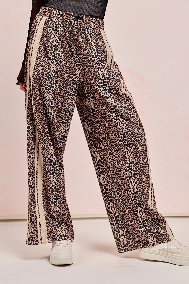 BiBi Leopard Printed Track Pants with Side Contrast Lace | Loungewear Bottoms Daverri Fashions