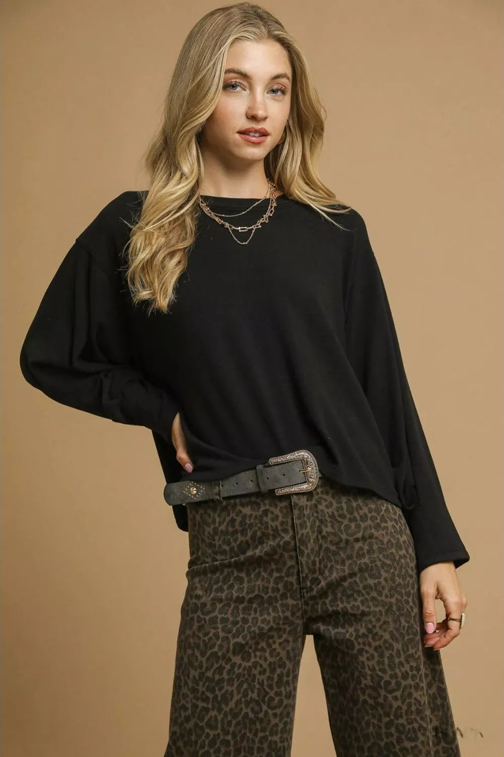 Black Umgee Brushed Fleeve Crewneck Top | Tops Daverri Fashions