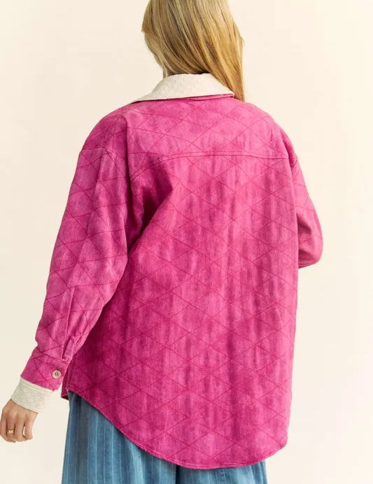 Davi & Dani Curved Hem Diamond Quilted Button Up Denim Shacket | Shackets Daverri Fashions