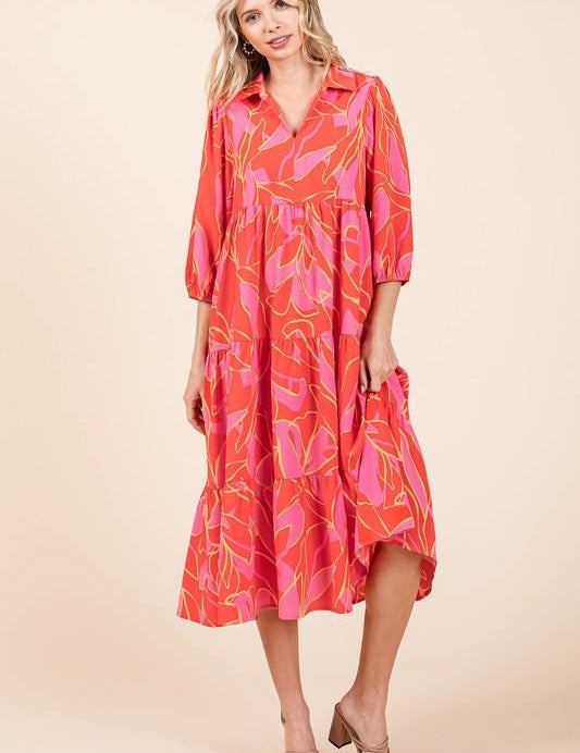 Coral S Mittoshop Tiered Printed Collared Neck Midi Dress | Mid Dresses Daverri Fashions