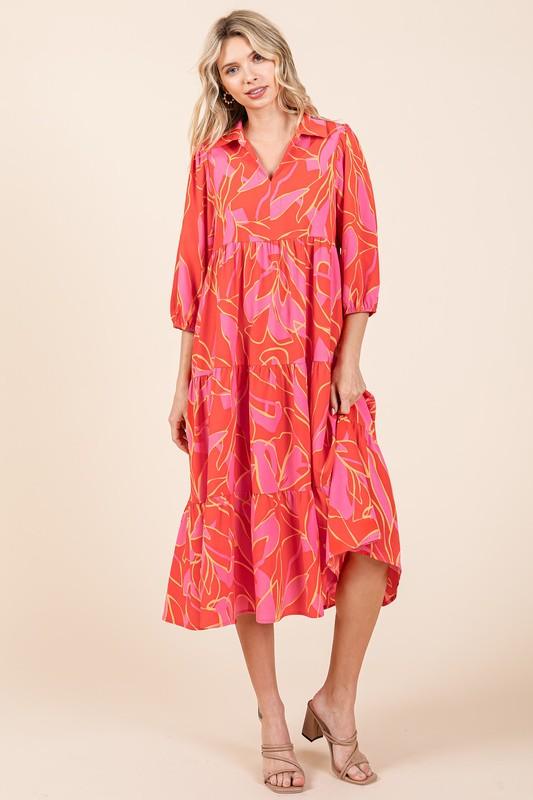 Coral S Mittoshop Tiered Printed Collared Neck Midi Dress | Mid Dresses Daverri Fashions
