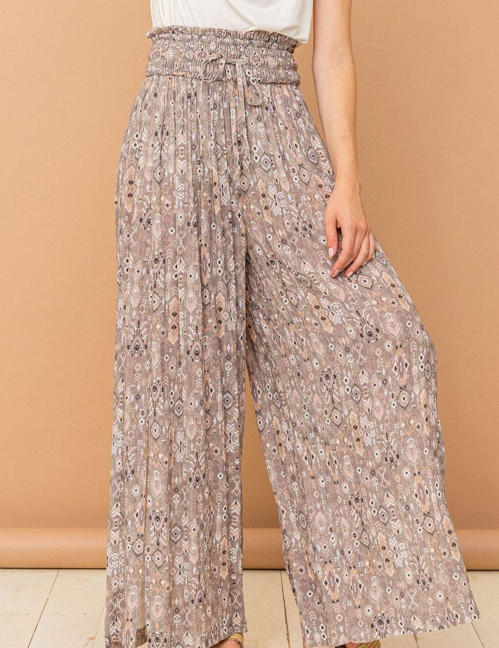 And The Why Printed Smocked Waist Slit Wide Leg Pants | Pants Daverri Fashions
