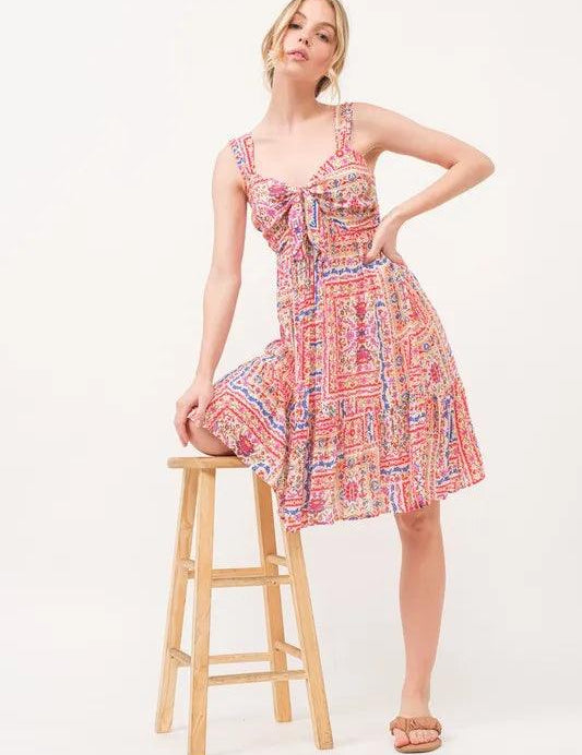And The Why Tied Front Smocked Back Tiered Boho Printed Dress | Knee Length Dresses Daverri Fashions