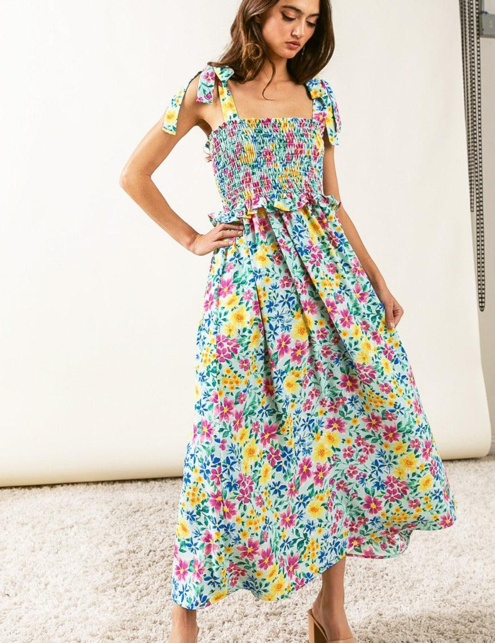 Mint XL BiBi Floral Ruffle Trim Smocked Cami Dress | Cami Dresses Daverri Fashions