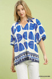 CERULEAN MIX Umgee Shell Block Border Print Puff Sleeve Blouse | Blouses Daverri Fashions