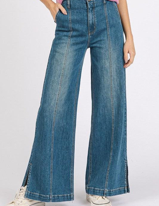 Medium L Mittoshop Medium Wash Seam Detail Wide Leg Denim Jeans | Jeans Daverri Fashions