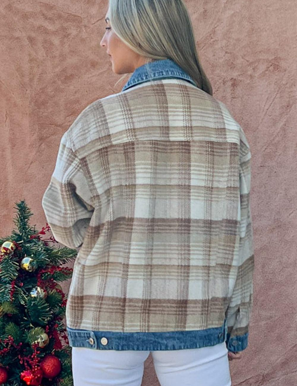 And The Why Full Size Washed Denim Detail Brushed Plaid Jacket | Daverri Fashions