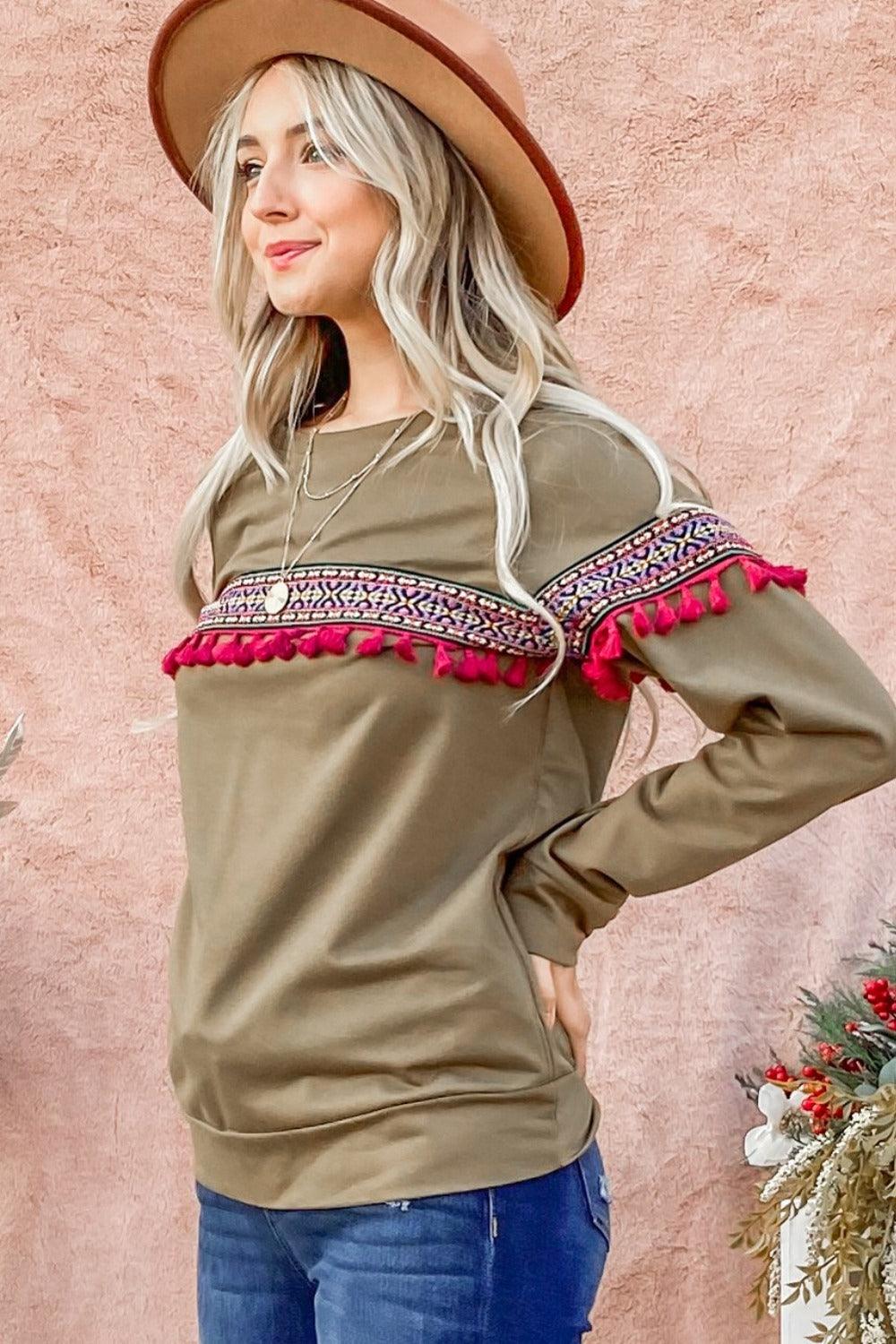 And The Why Ethnic Ribbon Tassel Trim Top | Tops Daverri Fashions