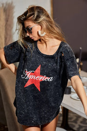 BiBi Laser Cut Mineral Washed Jersey Top with America | Tops Daverri Fashions