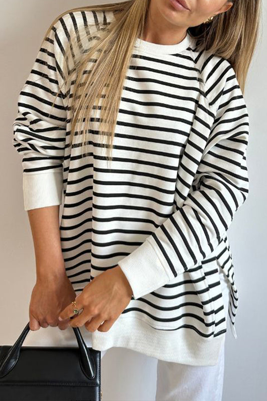 Black Striped Raglan Sleeve Side Slits Oversized Sweatshirt