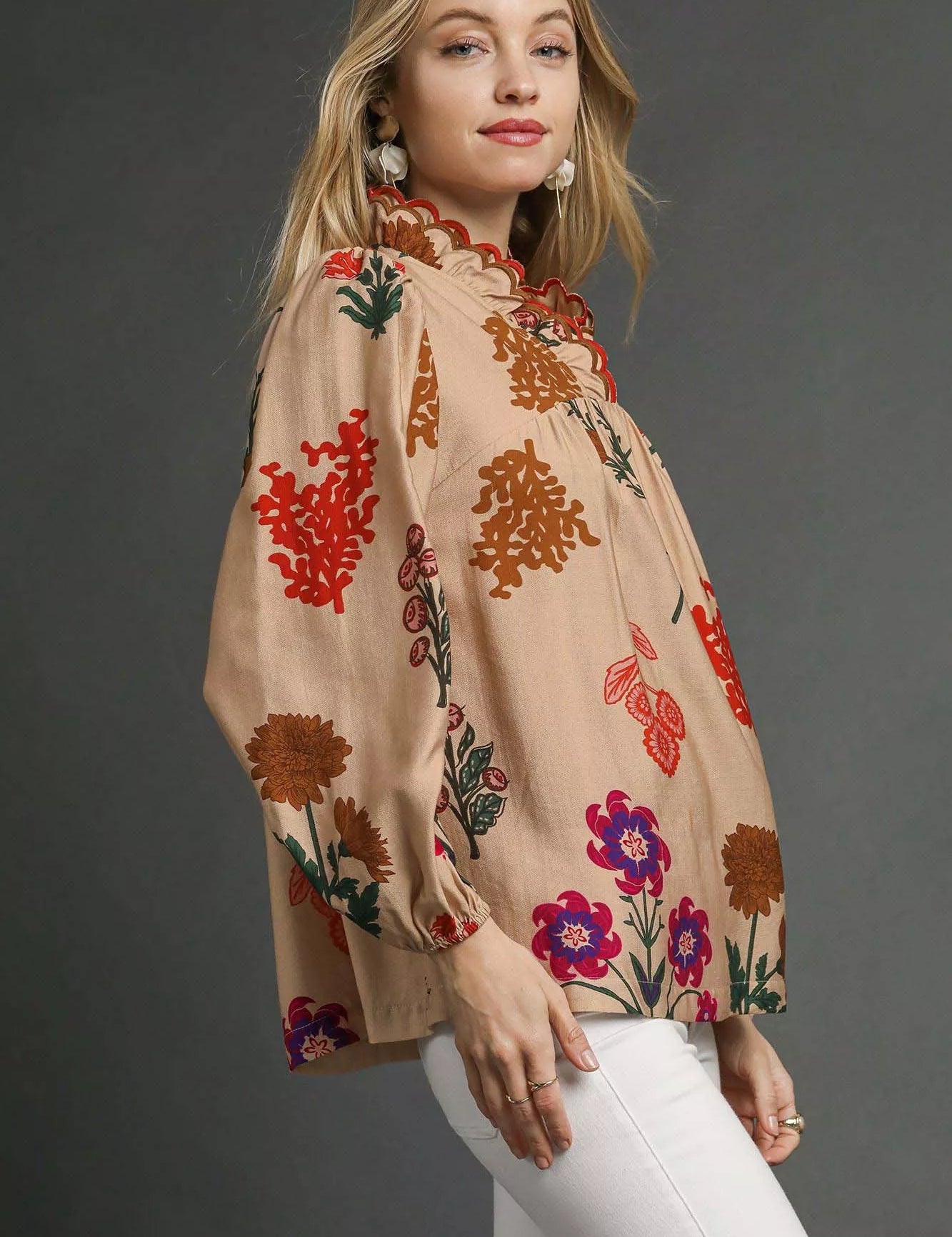 Umgee Flower Print Blouse with Scalloped Neckline | Daverri Fashions