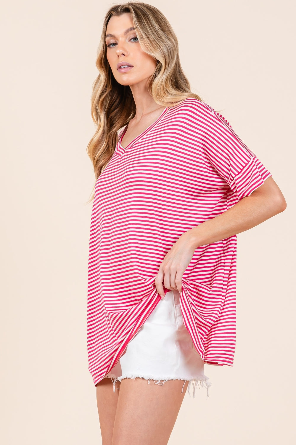 BOMBOM Striped V-Neck T-Shirt | Daverri Fashions