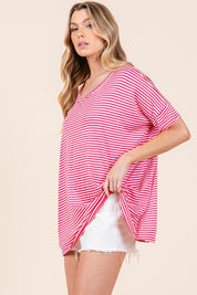 BOMBOM Striped V-Neck T-Shirt | Daverri Fashions