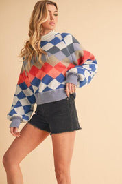 Aemi + Co Diamond Mock Neck Raglan Sleeve Sweater | Sweaters Daverri Fashions