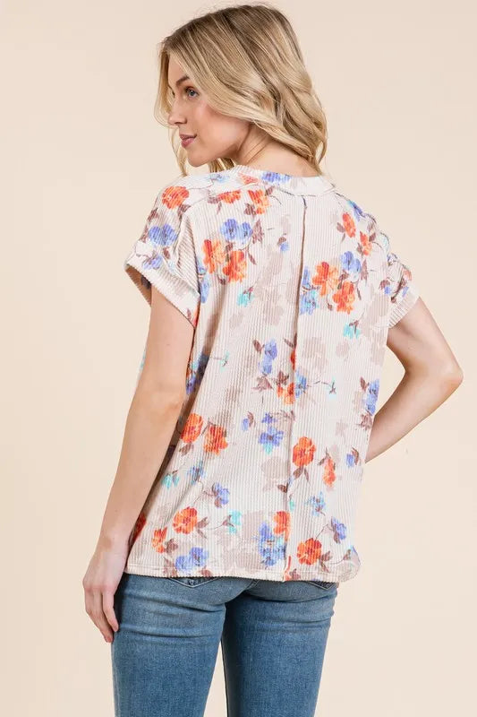 BOMBOM Floral Round Neck RIbbed T-Shirt | Daverri Fashions