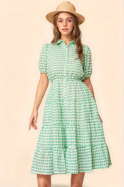 Davi & Dani Checkered Puff Sleeve Tiered Shirt Dress | Knee Length Dresses Daverri Fashions