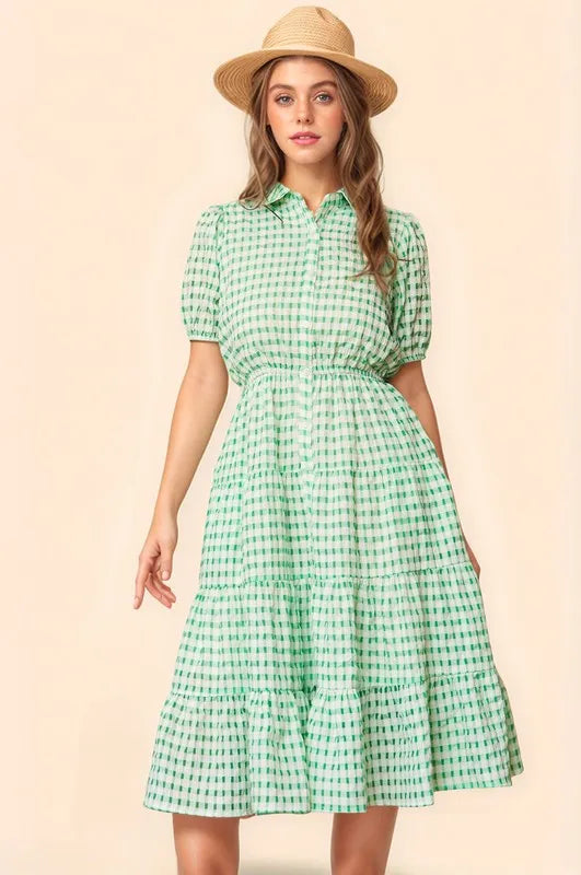 Davi & Dani Checkered Puff Sleeve Tiered Shirt Dress | Knee Length Dresses Daverri Fashions