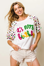 BiBi Metallic Letter Spangle Raglan Puff Sleeve Top | Tops Daverri Fashions