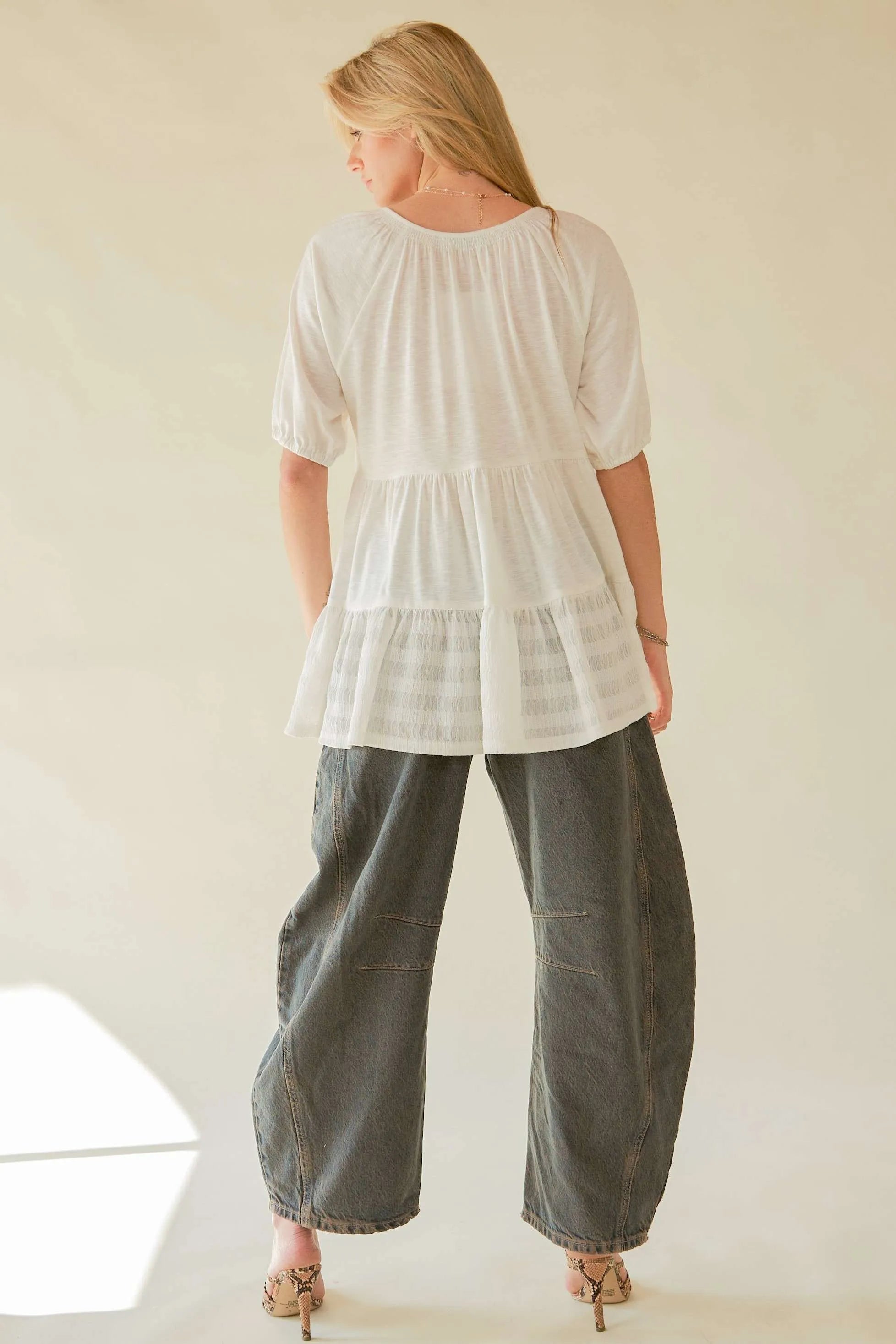 Davi & Dani Ruffled Flared Short Sleeve V Neck Blouse | Blouses Daverri Fashions