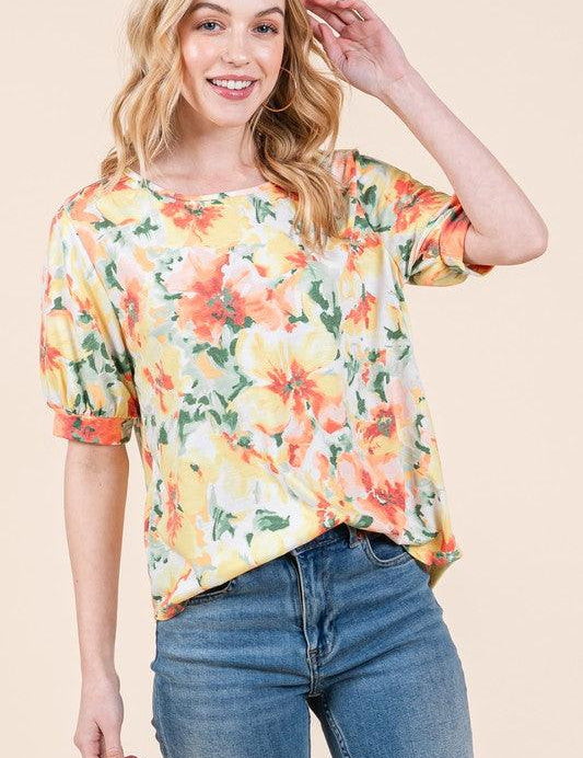 Orange Mix BOMBOM Floral Round Neck Puff Sleeve Top | Tops Daverri Fashions