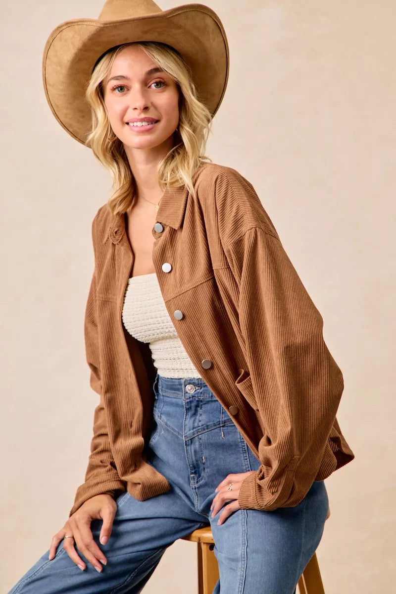 BiBi Corduroy Relaxed Fit Shacket with Back Pleat | Shackets Daverri Fashions