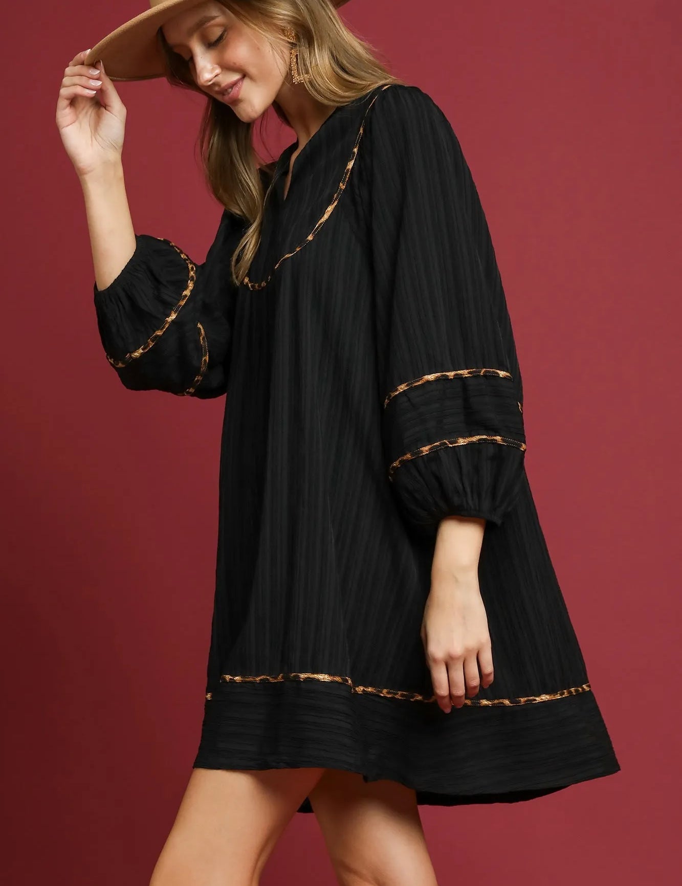 Umgee Full Size Textured Babydoll Dress with Leopard Trim Plus Size | Daverri Fashions