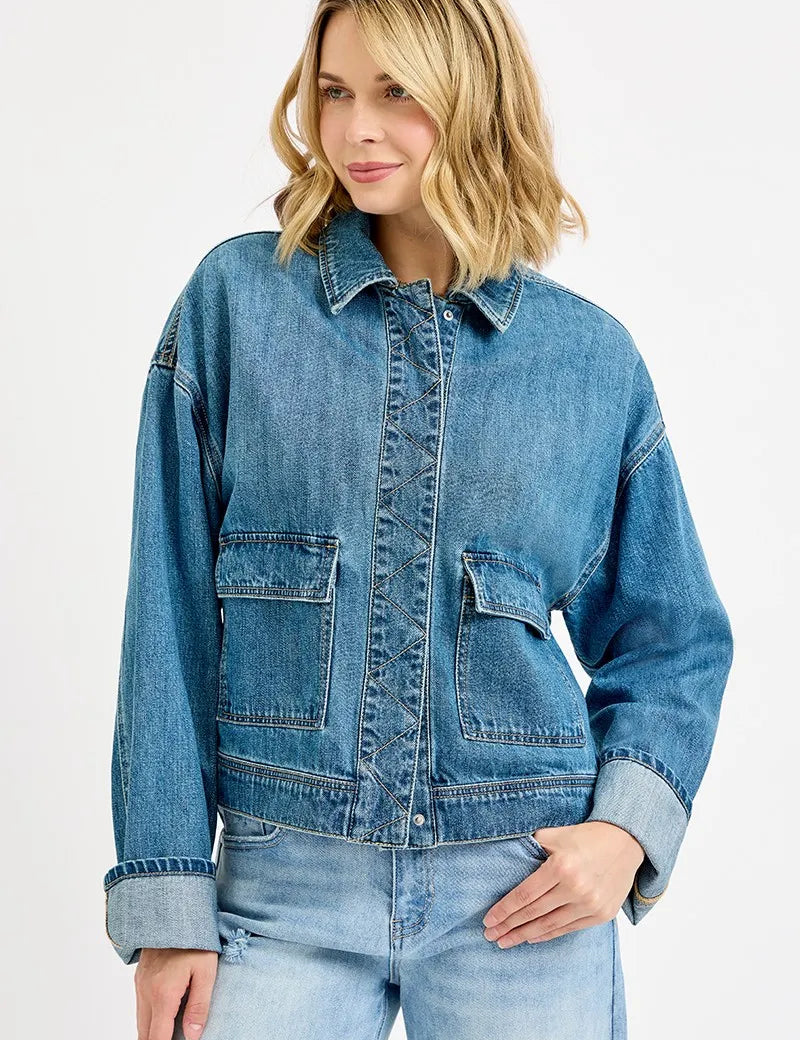RISEN Oversized Cargo Pocket Denim Jacket with Cuffed Sleeves | Denim Jackets Daverri Fashions