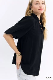Umgee Linen Scallop Trim V-Neck Blouse | Daverri Fashions