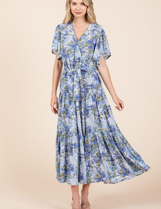 Mittoshop Floral Tie Waist Flutter Sleeve Tiered Dress | Daverri Fashions