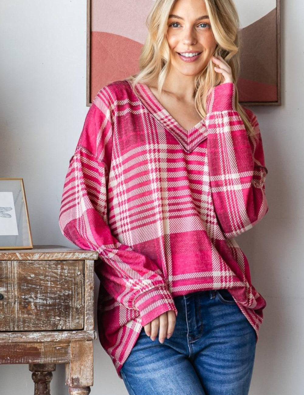 Burgundy Multi Heimish Plaid Drop Shoulder V-Neck T-Shirt | Daverri Fashions