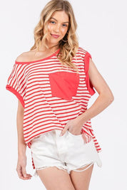 Ces Femme Side Slit Striped Cap Sleeve T-Shirt | T-Shirts Daverri Fashions