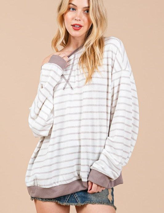 Taupe Mocha Ces Femme Striped Round Neck Drop Shoulder Sweatshirt | Sweatshirts Daverri Fashions