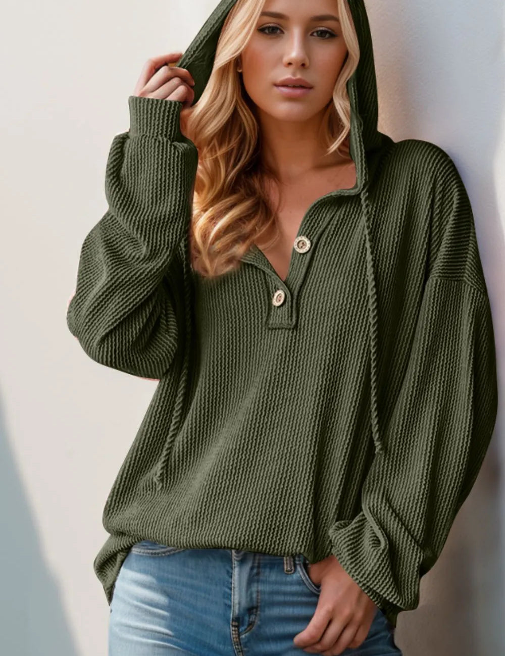 Moss Double Take Full Size Half Button Long Sleeve Hoodie | Hoodies Daverri Fashions