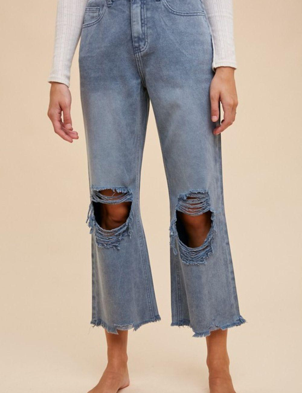 Dusty Blue Annie Wear Distressed Raw Hem Jeans | Jeans Daverri Fashions