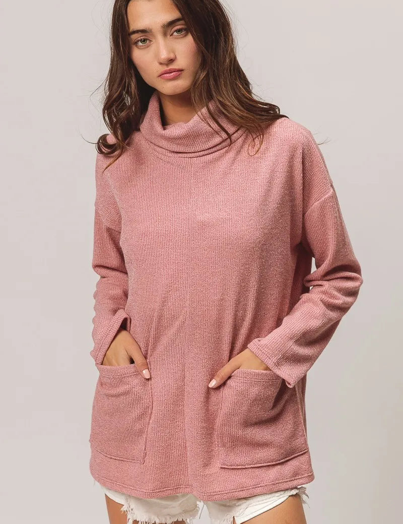 BiBi Piper Rib Double Pocket Turtle Neck Sweater | Sweaters Daverri Fashions