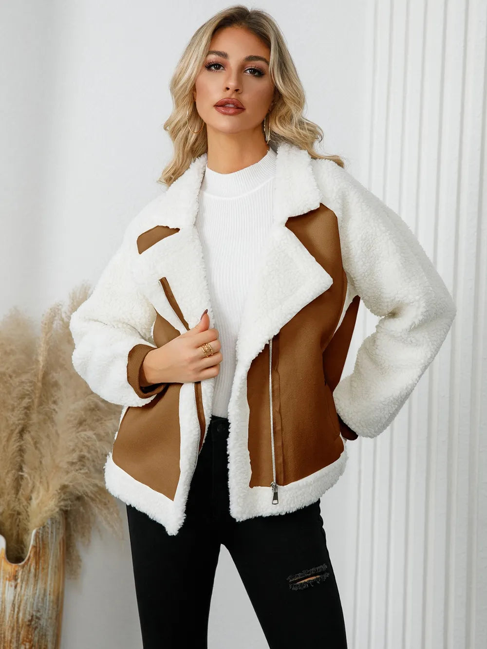 Caramel Pocketed Sherpa Zip Up Long Sleeve Jacket | Jackets Daverri Fashions