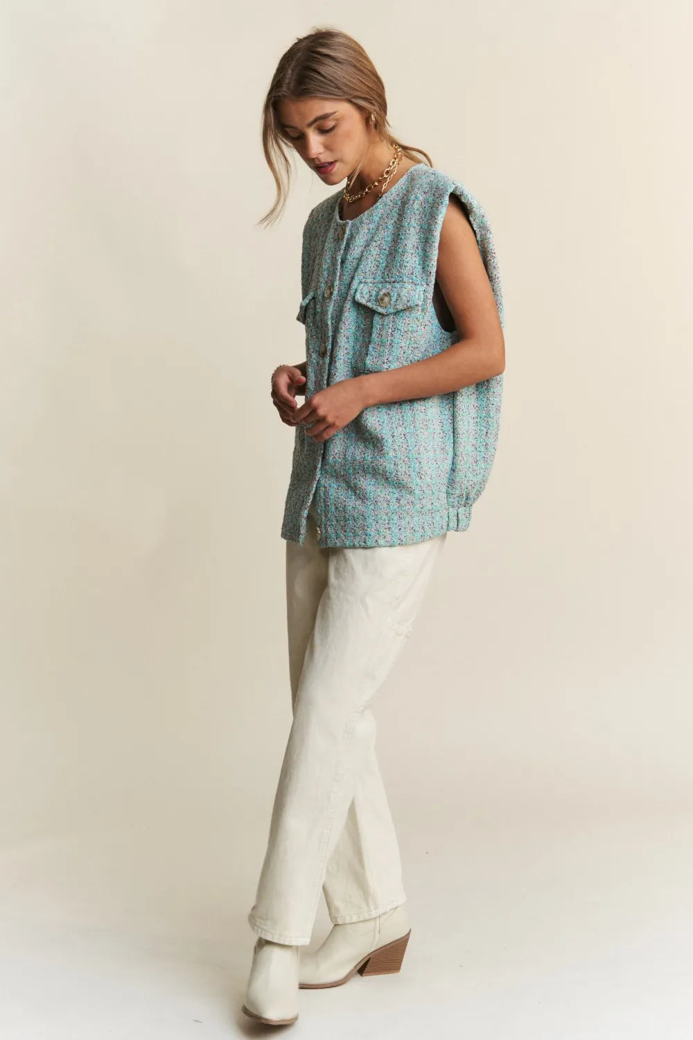 J.NNA Frayed Tweed Padded Shoulder Vest | Vests Daverri Fashions
