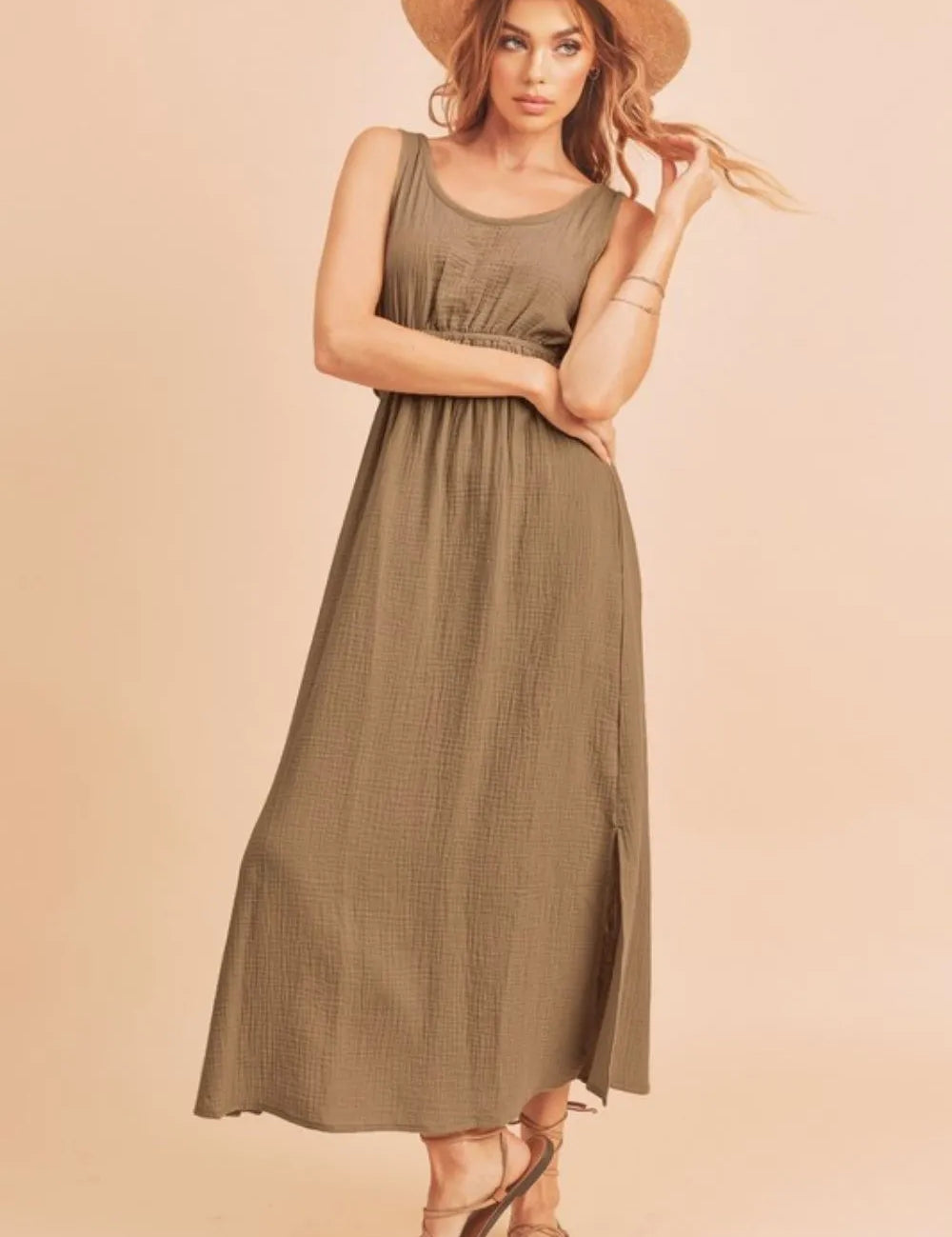 Taupe Aemi + Co Side Slit Round Neck Sleeveless Tank Dress | Daverri Fashions