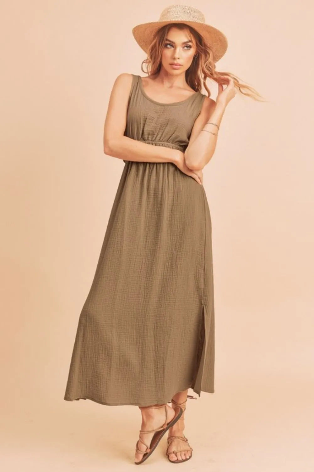 Taupe Aemi + Co Side Slit Round Neck Sleeveless Tank Dress | Daverri Fashions