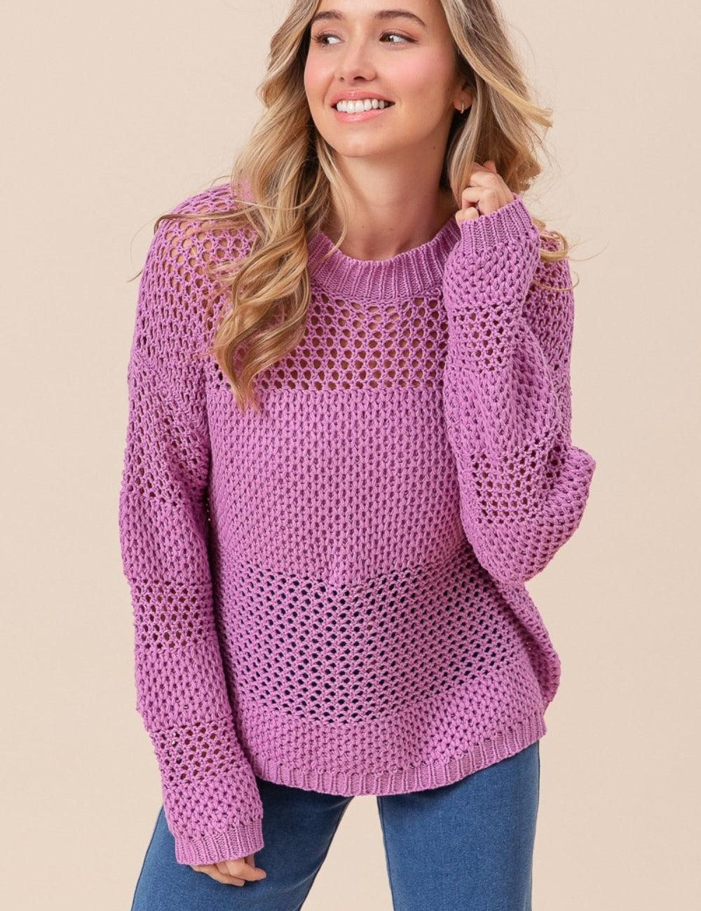 Berry BiBi Openwork Long Sleeve Knit Top | Sweaters Daverri Fashions