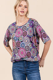 BOMBOM Printed Round Neck Half Sleeve Top | Tops Daverri Fashions
