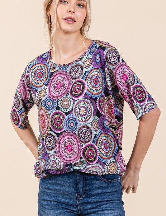 BOMBOM Printed Round Neck Half Sleeve Top | Tops Daverri Fashions