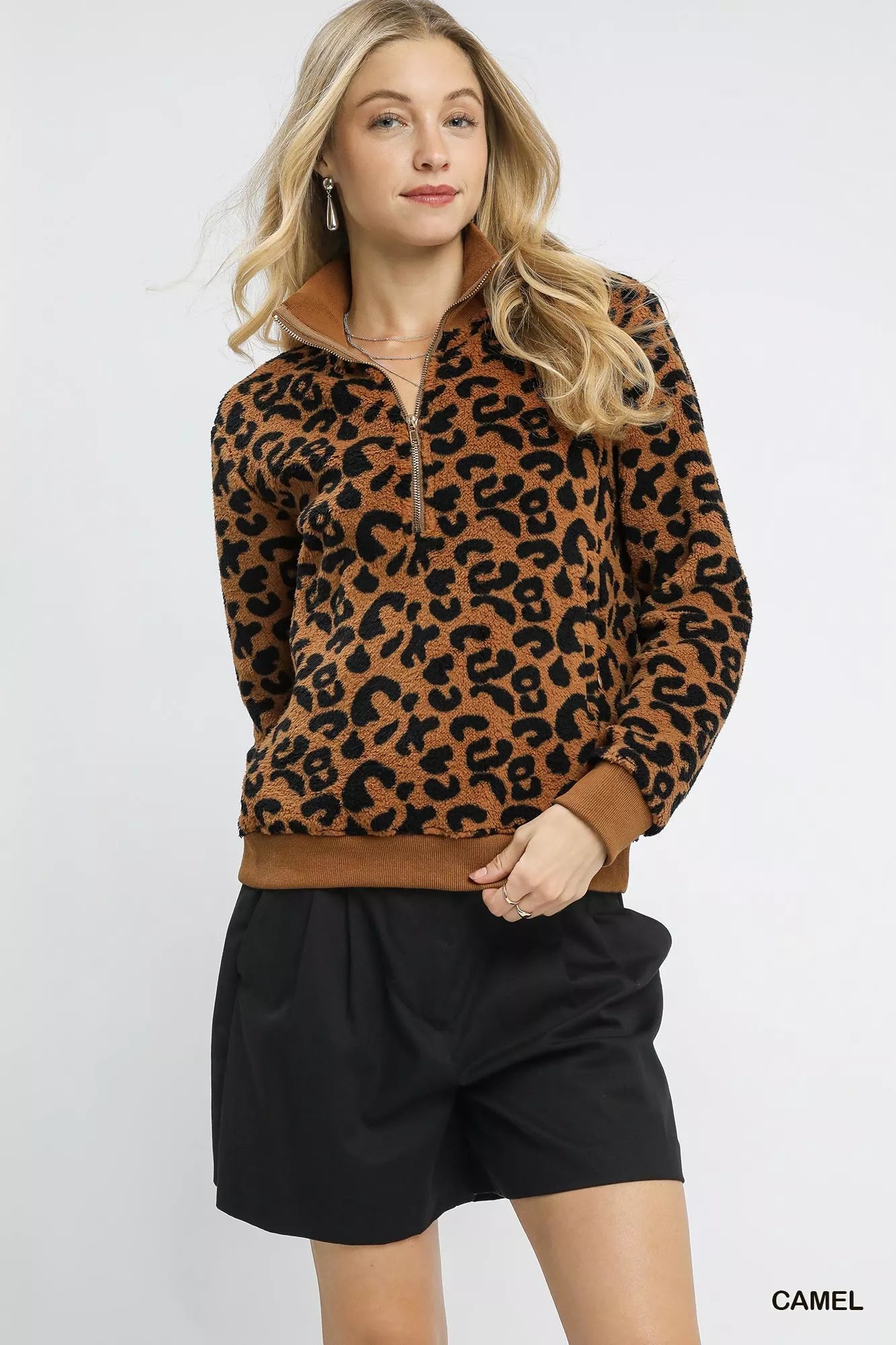 Umgee Leopard Print Quarter-Zip Sweatshirt | Daverri Fashions