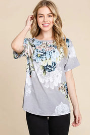 BOMBOM Floral Round Neck Short Sleeve T-Shirt | Daverri Fashions