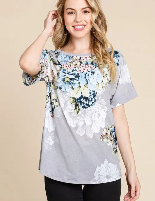 BOMBOM Floral Round Neck Short Sleeve T-Shirt | Daverri Fashions